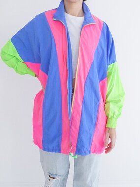Vintage Sporting Life Pink Blue Neon Colorblock Zip Windbreaker Jacket One Size
